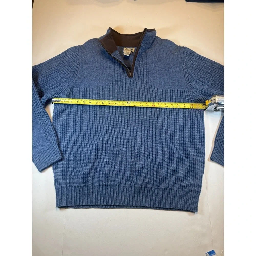 LL Bean Sweater Mens Blue Merino Lambswool 1/4 Zip Brown Collar‎ 237808 Large